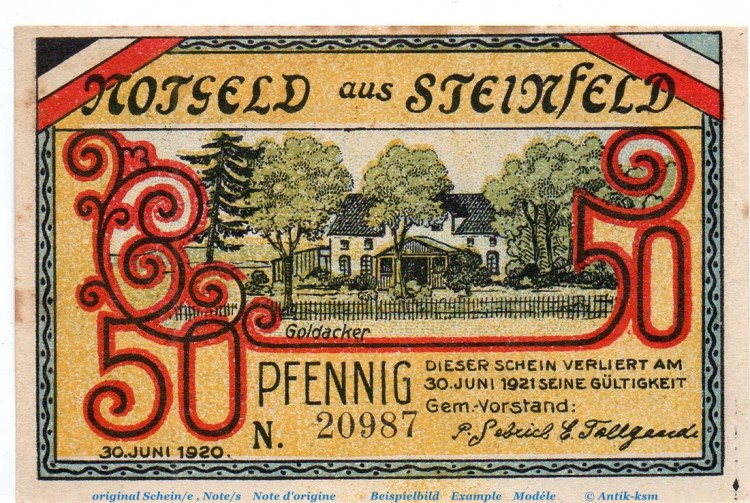 Notgeld Gemeinde Steinfeld 1262.1 , 50 Pfennig Schein , Fehldruck -o- , in kfr. von 1920 , Schleswig Holstein Seriennotgeld