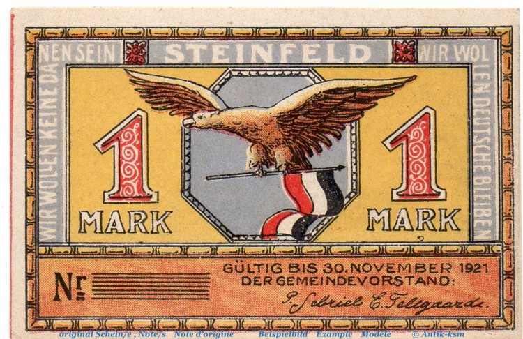 Notgeld Gemeinde Steinfeld 1262.6 , 1 Mark Musterschein o. Kn. in kfr. o.D. , Schleswig Holstein Seriennotgeld