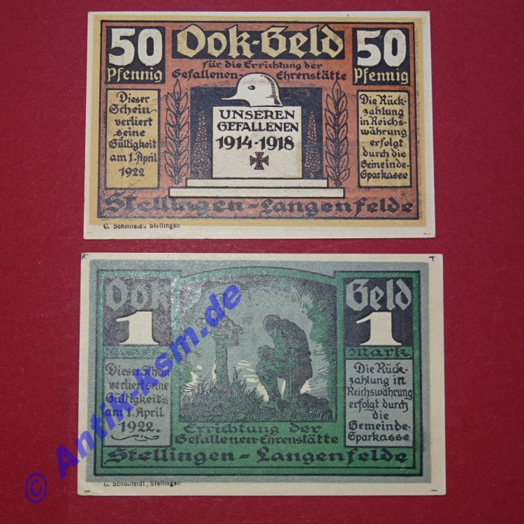 Notgeld Gemeinde Stellingen , Hamburg , Ook Geld , vollständiger Satz mit 2 Scheinen in kassenfrischer Erhaltung , Seriennotgeld , 1265.2 , von 1922