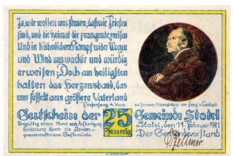 Notgeld Gemeinde Stotel 1278.3.b , 25 Pfennig 4.Vers o.Drfa. in kfr. von 1921 , Niedersachsen Seriennotgeld