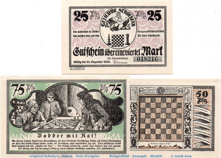 Notgeld Gemeinde Stroebeck 1285.2 , Set mit 3 Scheinen in kfr. o.D. Sachsen Anhalt Seriennotgeld