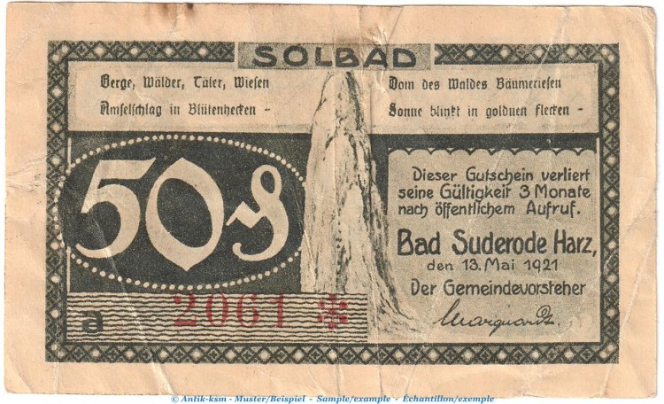 Notgeld Gemeinde Suderode 1292.1.b , 50 Pfennig -A statt C- in gbr. von 1921 , Sachsen Anhalt Seriennotgeld