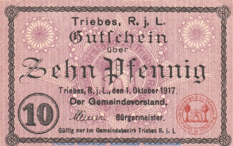Notgeld Gemeinde Triebes , 10 Pfennig Schein in kfr. Tieste 7450.05.10 , von 1917 , Thüringen Verkehrsausgabe