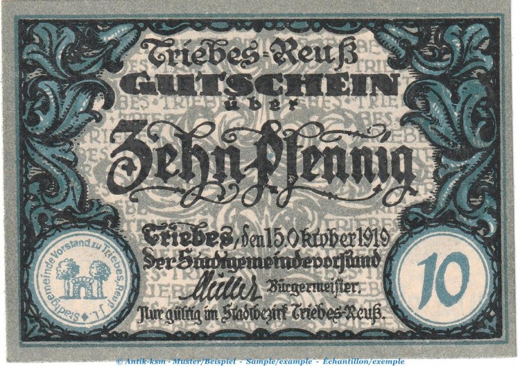 Notgeld Gemeinde Triebes , 10 Pfennig Schein in kfr. Tieste 7450.05.26 von 1919 , Thüringen Verkehrsausgabe