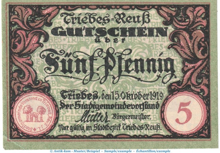 Notgeld Gemeinde Triebes , 5 Pfennig Schein in kfr. Tieste 7450.05.25 von 1919 , Thüringen Verkehrsausgabe