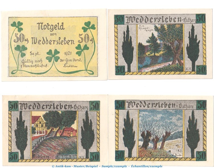 Notgeld Gemeinde Weddersleben 1386.3 , Set mit 4 Scheinen in kfr. von 1921 , Sachsen Anhalt Seriennotgeld