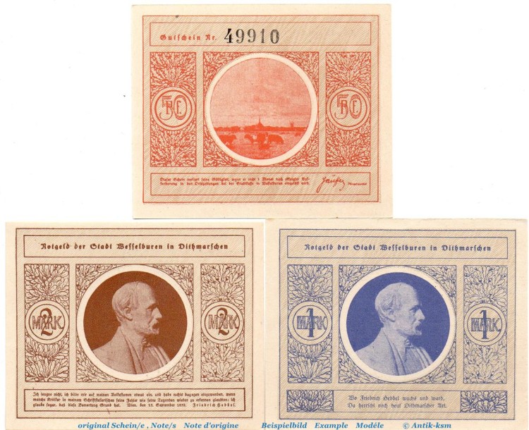 Notgeld Gemeinde Wesselburen 1411.1 , Set mit 3 Scheinen in kfr. von 1921 , Schleswig Holstein Seriennotgeld