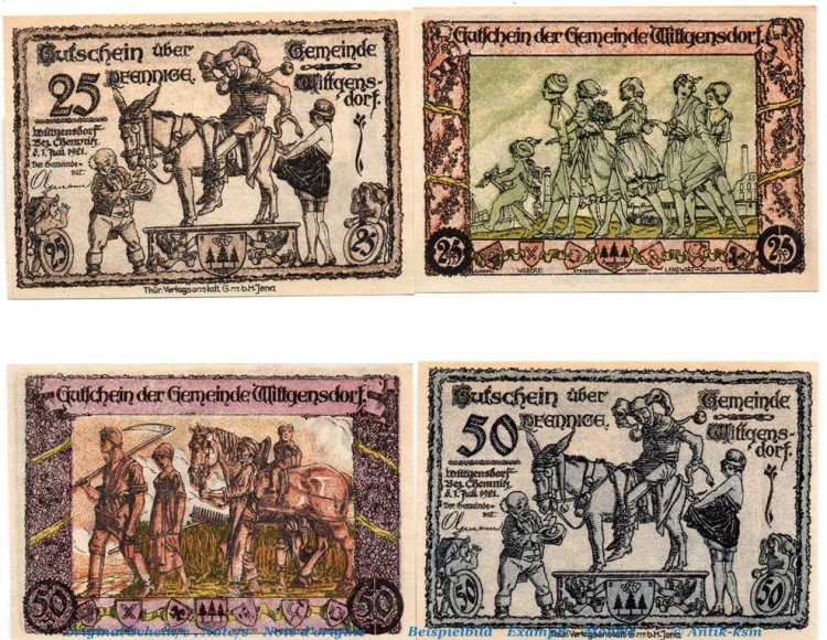 Notgeld Gemeinde Wittgensdorf 1146.1 , Set mit 4 Scheinen in kfr. von 1921 , Sachsen Seriennotgeld