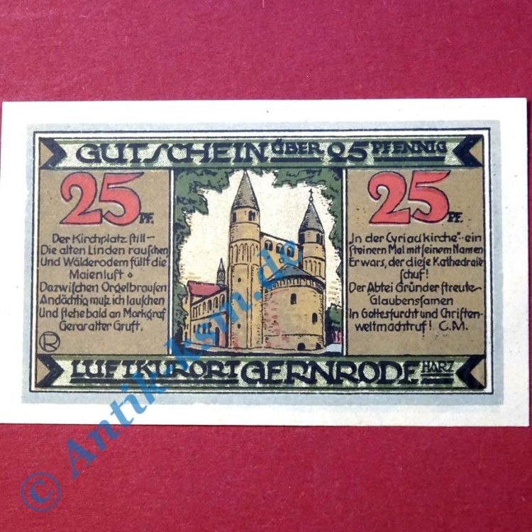 Notgeld Gernrode , 25 Pfennig ohne Kennummer , Mehl Grabowski NICHT belegt , von 1921 , Sachsen Anhalt Seriennotgeld