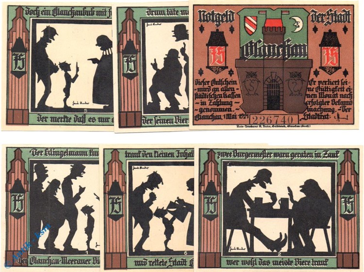 Notgeld Glauchau , Bierkrieg , Set mit 6 Scheinen , Mehl Grabowski 436.2 , von 1921 , Sachsen Seriennotgeld