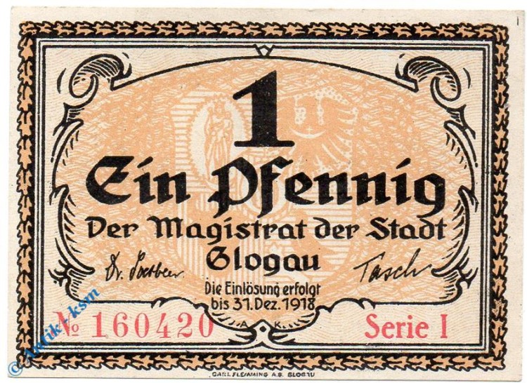 Notgeld Glogau , 1 Pfennig Schein , Serie 1 , Tieste 2280.05.01 , Schlesien Verkehrsausgabe