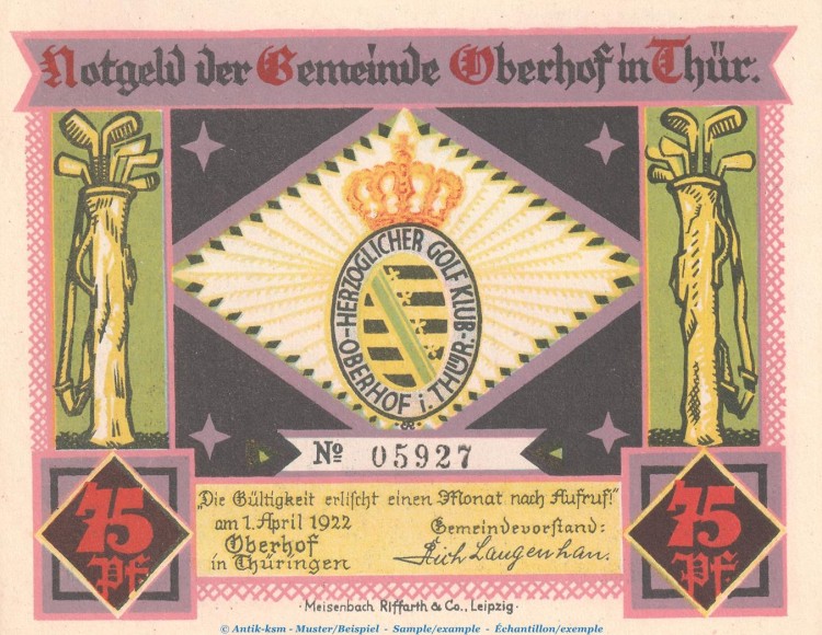 Notgeld Golfklub Oberhof 996.5 , 75 Pfennig Schein in kfr. von 1922 , Thüringen Seriennotgeld