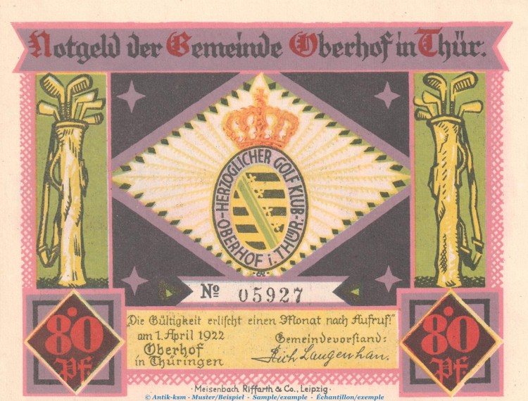 Notgeld Golfklub Oberhof 996.5 , 80 Pfennig Schein in kfr. von 1922 , Thüringen