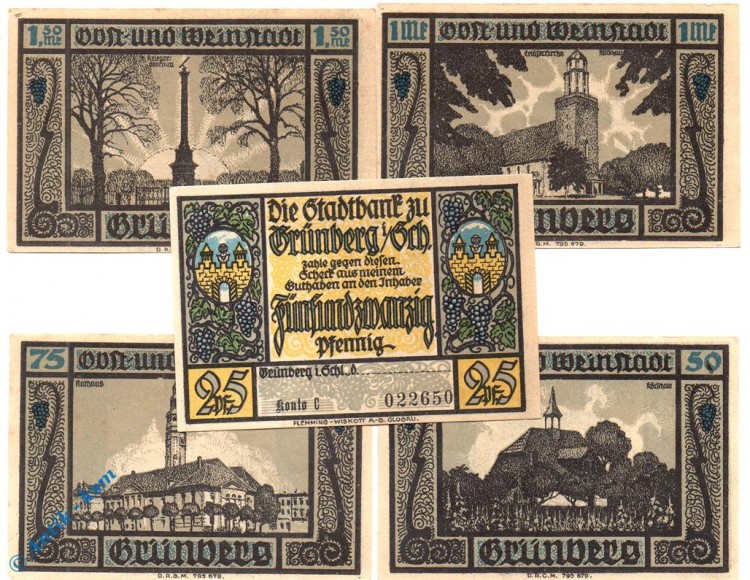 Notgeld Grünberg , Set mit 5 Scheinen , Bauten , Mehl Grabowski 490.1 , Schlesien Seriennotgeld