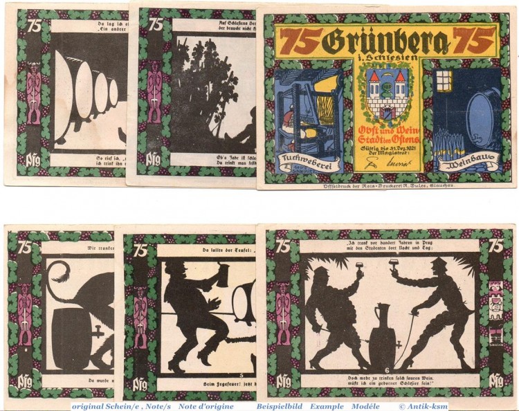 Notgeld Grünberg , Set mit 6 Scheinen in kfr. Mehl Grabowski 489.2.a , Schlesien Seriennotgeld