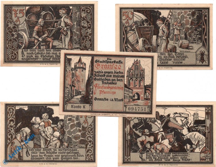 Notgeld Gransee , Set mit 5 Scheinen , Mehl Grabowski 465.1 , Brandenburg Serien Notgeld