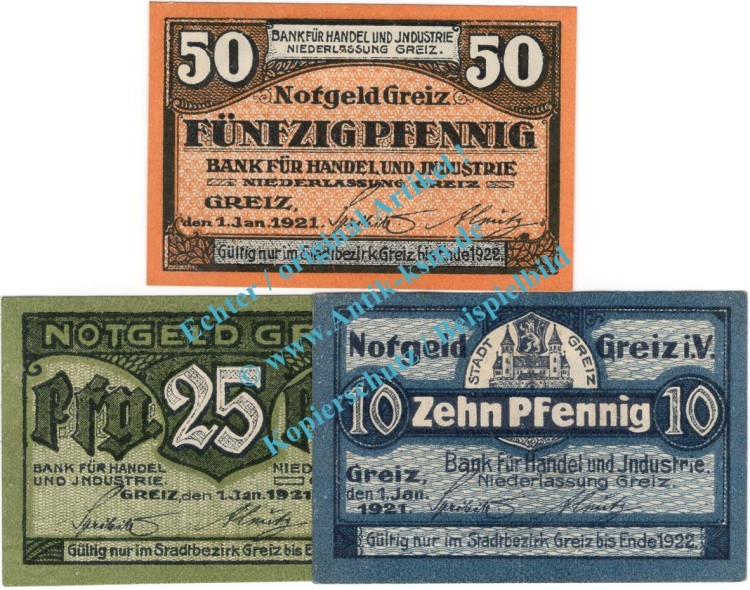 Notgeld Greiz , Set mit 3 Scheinen , Tieste 2445.05.10 bis 12 , von 1921 , Thüringen Verkehrsausgabe