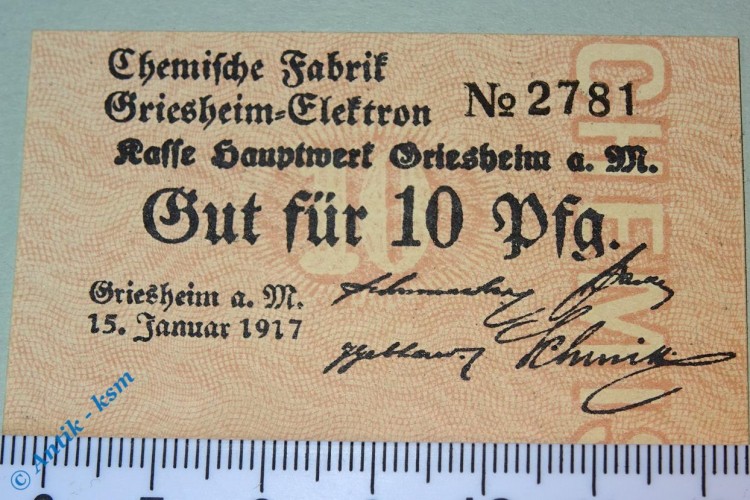 Notgeld Griesheim Elektron , 10 Pfennig Schein , Tieste 2460.05.02.1 , von 1917 , Hessen Verkehrsausgabe