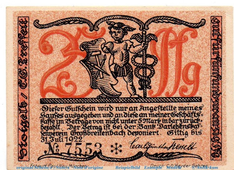 Notgeld Großbreitenbach Tesselt 477.1.a , 25 Pfennig Schein Kn schwarz in kfr. o.D. Thüringen Seriennotgeld