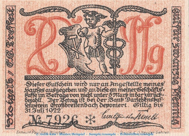 Notgeld Großbreitenbach Tesselt 477.2 , 20 Pfennig -Wasserliniert- in kfr. o.D. Thüringen Seriennotgeld