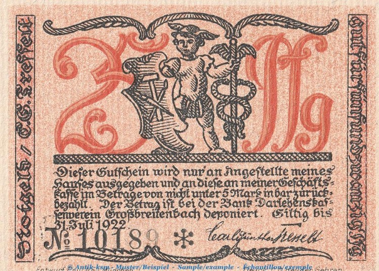 Notgeld Großbreitenbach Tesselt 477.2 , 25 Pfennig -Wasserliniert- in kfr. o.D. Thüringen Seriennotgeld