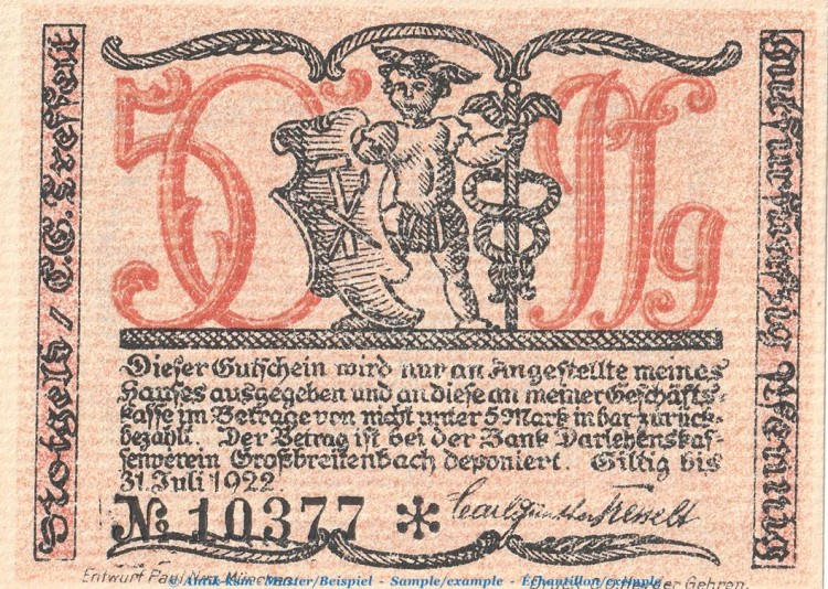 Notgeld Großbreitenbach Tesselt 477.2 , 50 Pfennig -Wasserliniert- in kfr. o.D. Thüringen Seriennotgeld