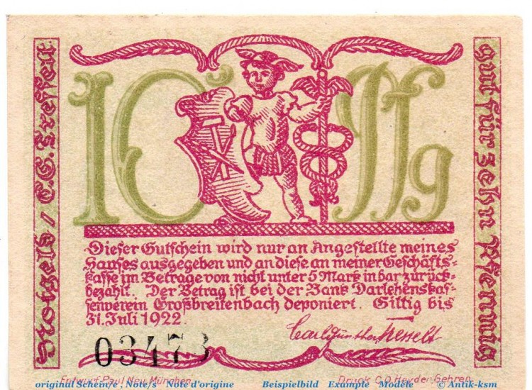 Notgeld Großbreitenbach Tesselt 477.4.a , 10 Pfennig Schein Kn schwarz in kfr. o.D. Thüringen Seriennotgeld