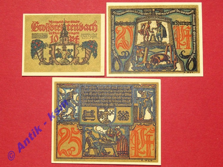 Notgeld Großbreitenbach , Thüringen , kompletter Satz mit 3 Scheinen in kassenfrischer Erhaltung , Seriennotgeld , 478.1 , von 1921