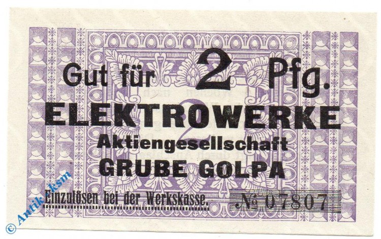 Notgeld Grube Golpa , Elektrowerke , 2 Pfennig Schein , Tieste 2355.05.41 , Sachsen Verkehrsausgabe