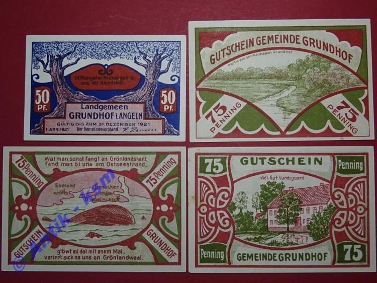 Notgeld Grundhof in Angeln , Schleswig Holstein , vollständiger Satz mit 4 Scheinen , Seriennotgeld , 493.2 , von 1921