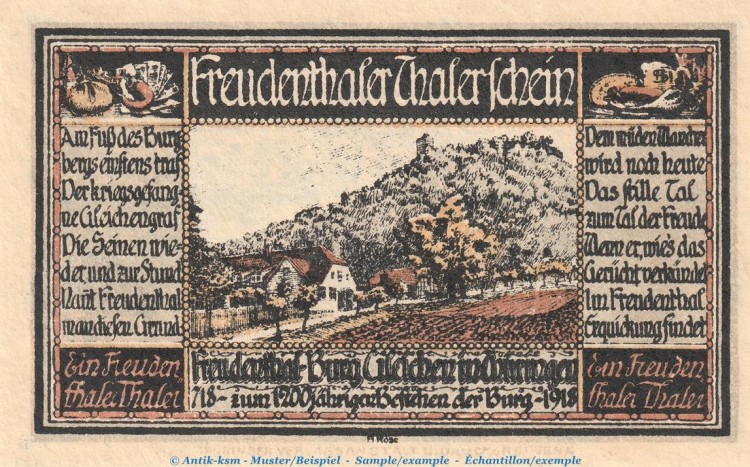 Notgeld Gutsverwaltung Freudenthal 389.1 , 3 Mark Schein in kfr. von 1918 , Thüringen Seriennotgeld