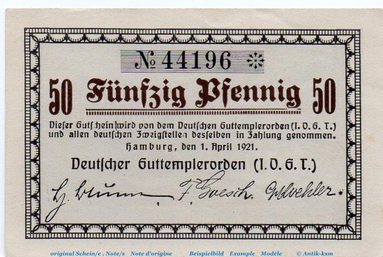 Notgeld Guttemplerorden Hamburg 522.1 , 50 Pfennig Schein in kfr. von 1921 , Hamburg Seriennotgeld