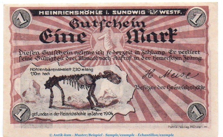 Notgeld H.Meise Heinrichshöhle Sundwig 1305.1 , 1 Mark Schein in kfr. o.D. Westfalen Seriennotgeld