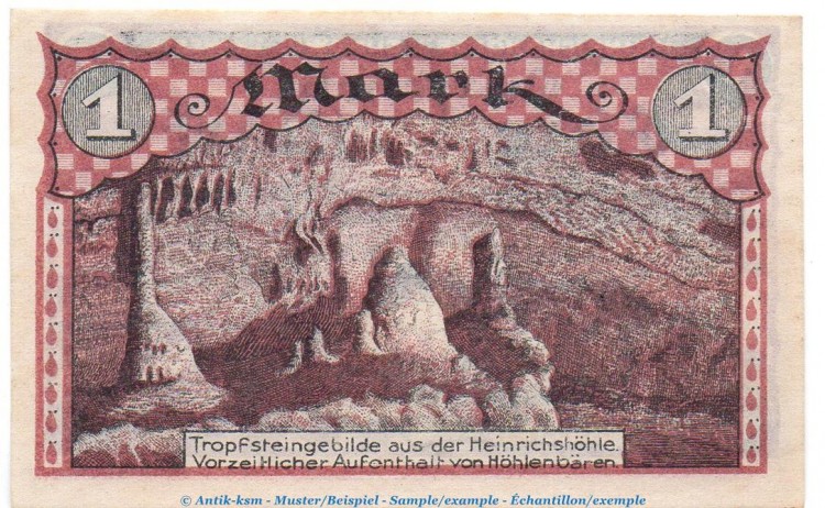 Notgeld H.Meise Heinrichshöhle Sundwig 1305.1 , 1 Mark Schein in kfr. o.D. Westfalen Seriennotgeld