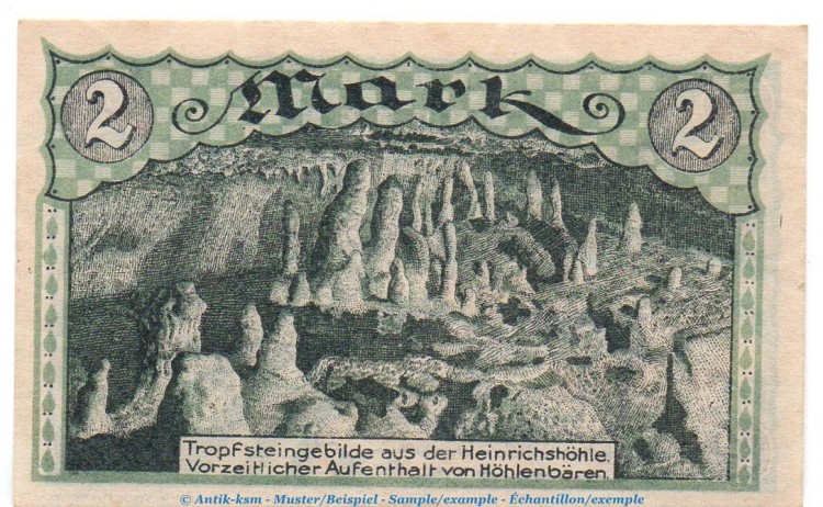 Notgeld H.Meise Heinrichshöhle Sundwig 1305.1 , 2 Mark Schein in kfr. o.D. Westfalen Seriennotgeld