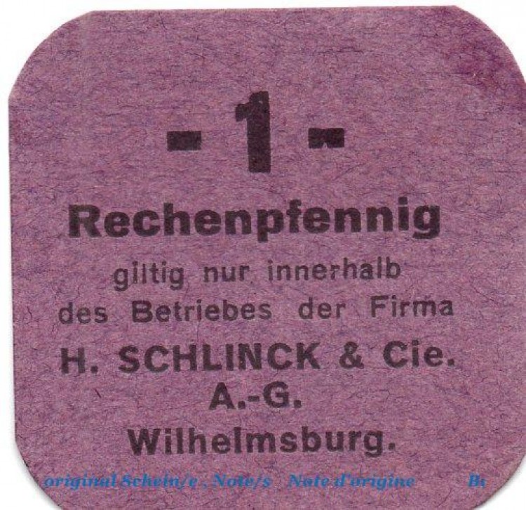 Notgeld H. Schlinck Wilhelmsburg , 1 Rechenpfennig in kfr. o.D. , Hannover Verkehrsausgabe