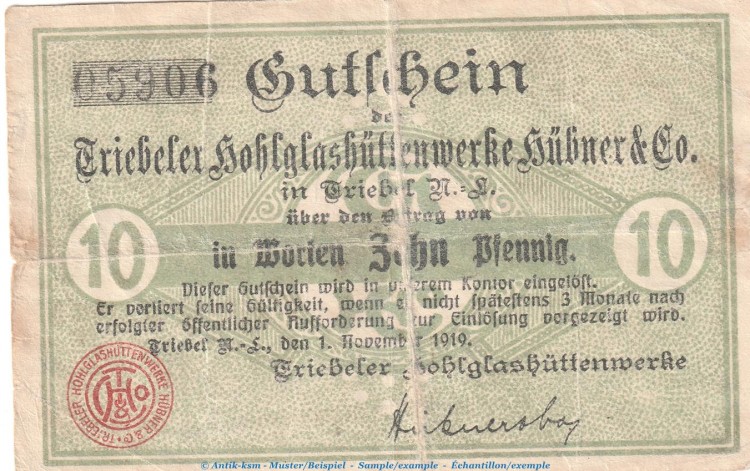Notgeld Hübner und Co. Triebel , 10 Pfennig Schein in gbr. Tieste 7445.05.04 von 1919 , Brandenburg Verkehrsausgabe