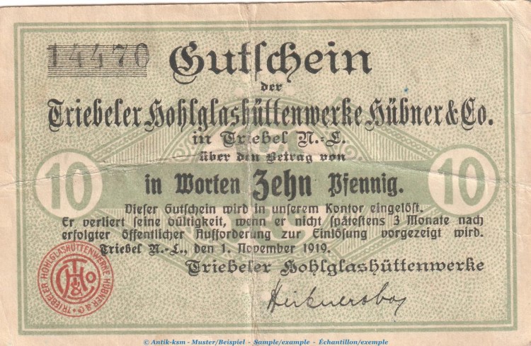 Notgeld Hübner und Co. Triebel , 10 Pfennig Schein in gbr. Tieste 7445.05.11 von 1919 , Brandenburg Verkehrsausgabe