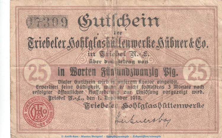 Notgeld Hübner und Co. Triebel , 25 Pfennig in gbr. -nicht- in Tieste 7445.05 von 1919 , Brandenburg Verkehrsausgabe