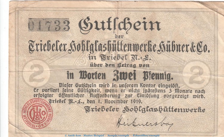 Notgeld Hübner und Co. Triebel , 2 Pfennig Schein in gbr. Tieste 7445.05.02 von 1919 , Brandenburg Verkehrsausgabe