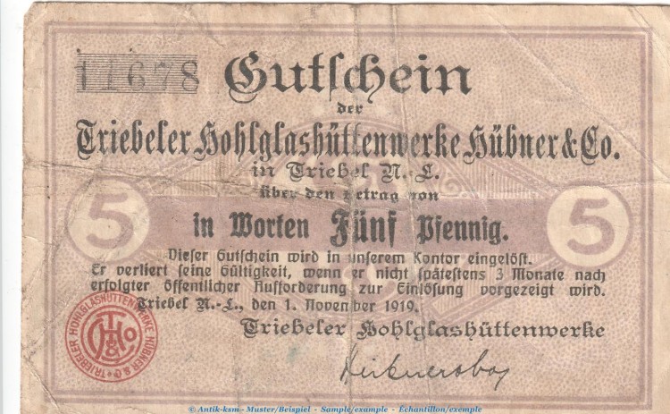 Notgeld Hübner und Co. Triebel , 5 Pfennig Schein in gbr. Tieste 7445.05.10 von 1919 , Brandenburg Verkehrsausgabe