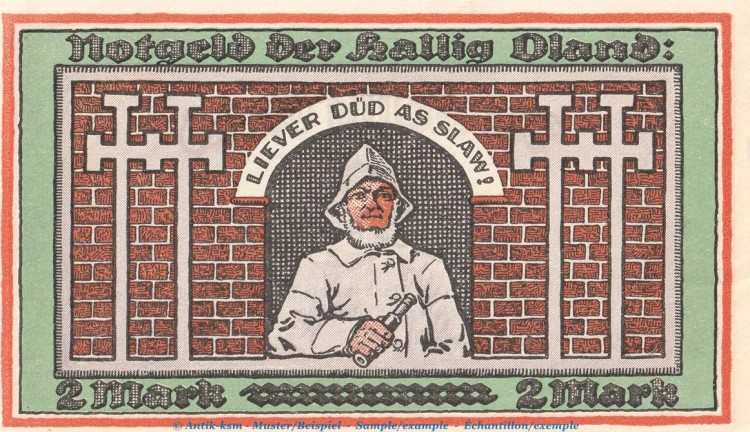 Notgeld Hallig Oland 1013.1 , 2 Mark Schein -orange- in kfr. von 1921 , Schleswig Holstein Seriennotgeld