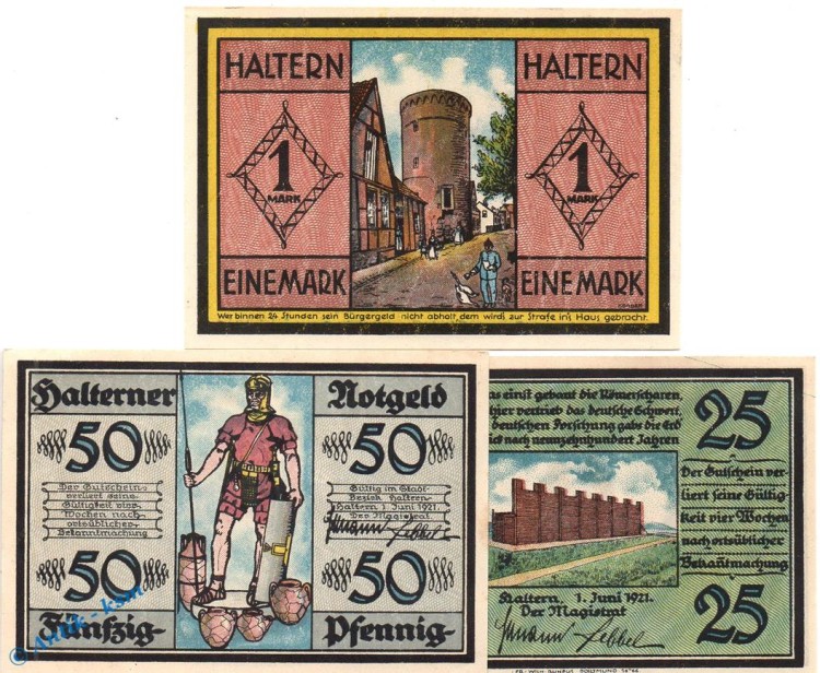 Notgeld Haltern , Set mit 3 Scheinen in kfr. Mehl Grabowski 514.1 , von 1921 , Westfalen Seriennotgeld