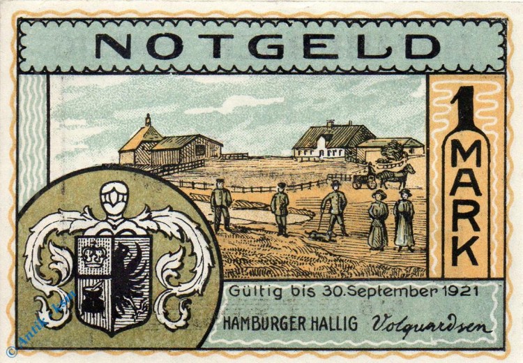 Notgeld Hamburger Hallig , Volquardsen , 1 Mark Schein in kfr. gelb , Mehl Grabowski 564.1 , von 1921 , Hamburg Seriennotgeld