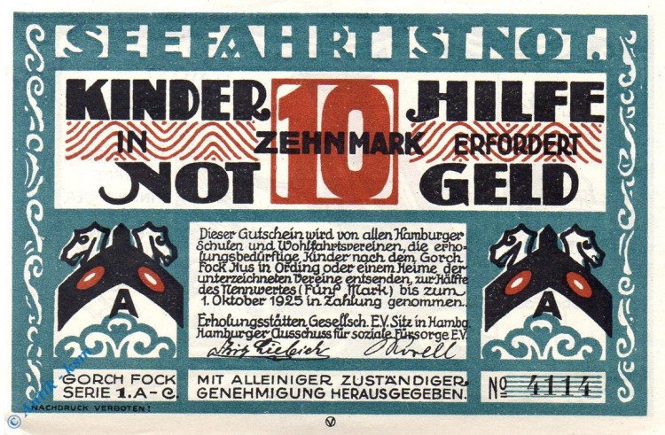 Notgeld Hamburg , Erholungsstätten , 10 Mark Schein in kfr. Mehl Grabowski 526.1 , Hamburg Seriennotgeld