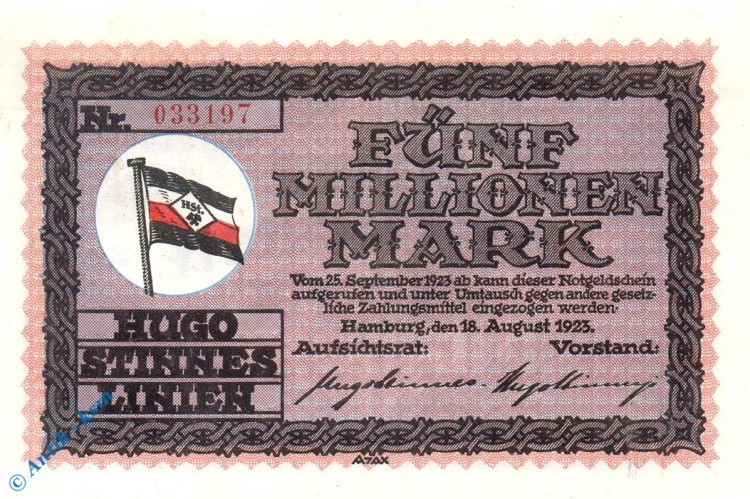 Notgeld Hamburg , Stinnes Linien , 5 Millionen Mark Schein , Keller 2135 a , 18.08.1923 , Hamburg Großnotgeld Notgeld Hamburg , Stinnes Linien , 5 Millionen Mark Schein , Keller 2135 a , 18.08.1923 , Hamburg Großnotgeld