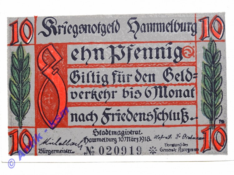 Notgeld Hammelburg , Bayern , Einzelschein über 10 Pfennig , Tieste 2785.05 , von 1918 , Verkehrsausgabe