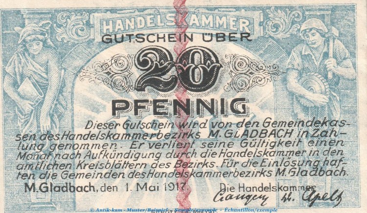 Notgeld Handelskammer M. Gladbach , 20 Pfennig Schein in kfr. Tieste 4710.05.05 von 1917 , Rheinland Verkehrsausgabe