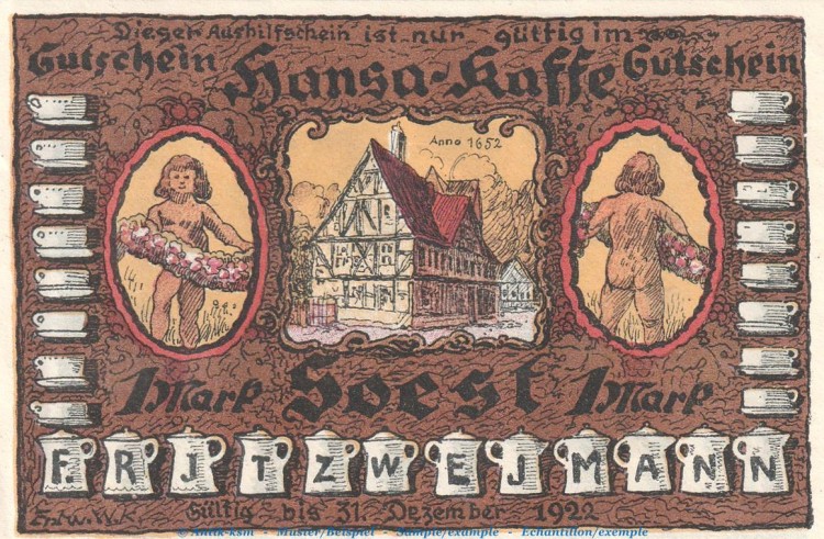 Notgeld Hansa Kaffee Soest 1232.1 , 1 Mark Schein Nr.3 in kfr. o.D. Westfalen Seriennotgeld
