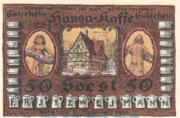 Notgeld Soest , Hansa Kaffee , 50 Pfennig Schein Nr 1 , Mehl Grabowski 1232.1 , Westfalen Serien Notgeld